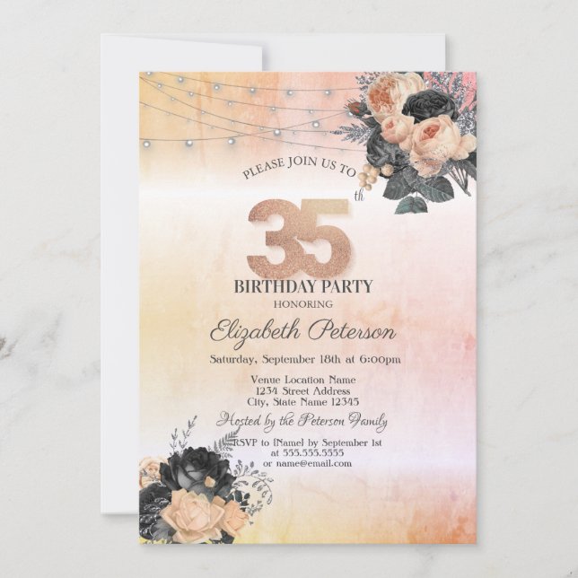 Invitación Luces de Cadenas de Rosas Naranjas Chic Cumpleaños (Anverso)