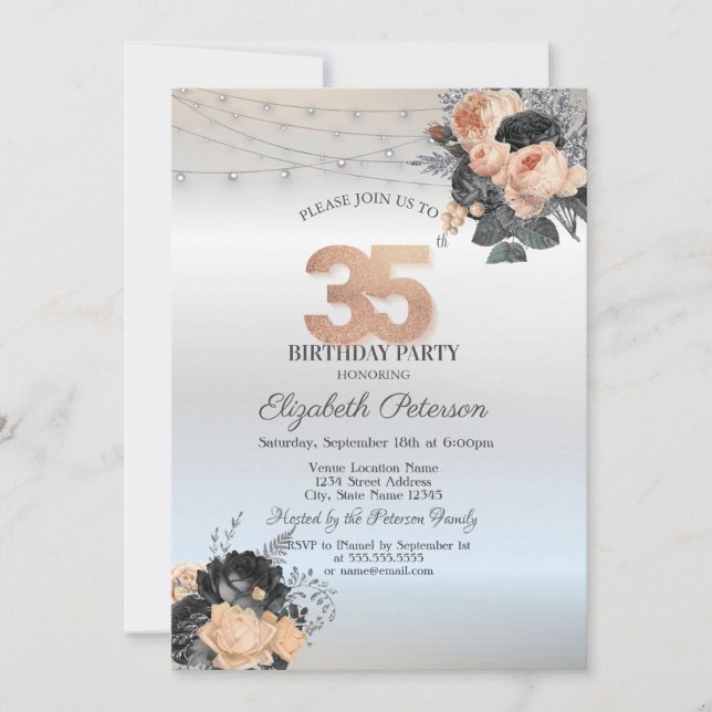 Invitación Luces de Cadenas de Rosas Naranjas Cumpleaños 35 (Anverso)