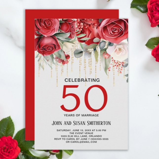 Invitación Luces de Cadenas de Rosas Rojas de Oro Aniversario (Red roses and gold curtain string lights 50th wedding anniversary invitation)
