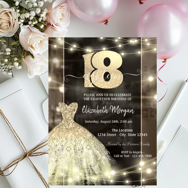 Invitación Luces de Cadenas de Vestido de Oro Cumpleaños 18  (Subido por el creador)