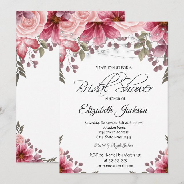 Invitación Luces de Cadenas Elegantes para Brindis Floral de  (Anverso / Reverso)