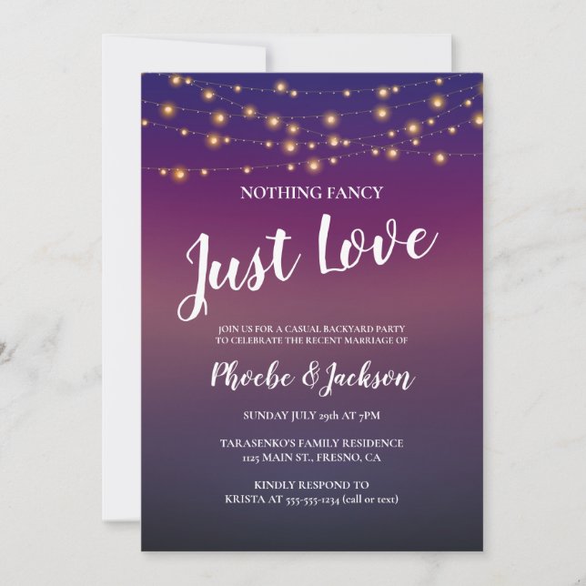 Invitación Luces de Cadenas en Fiesta de Boda Morada para Fug (Anverso)