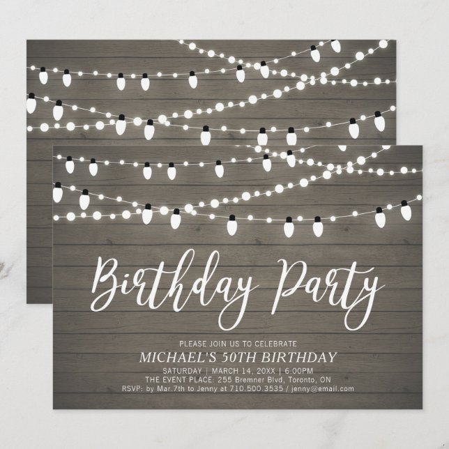 Invitación Luces de Cadenas | Fiesta de Cumpleaños Rústica pa (Anverso / Reverso)