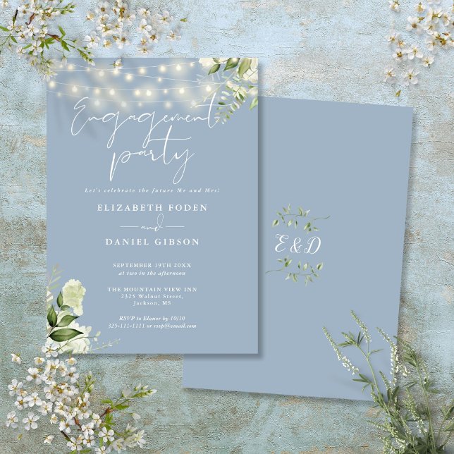 Invitación Luces de Cadenas Florales Azul Polvoriento Fiesta  (Floral String Lights Dusty Blue Engagement Party Invitation)