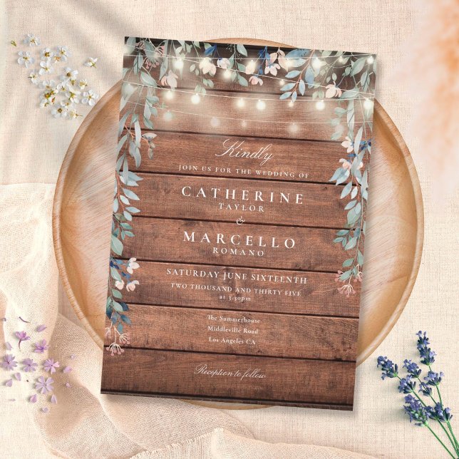 Invitación Luces de Cadenas Florales Boda de Madera Rústica (Subido por el creador)