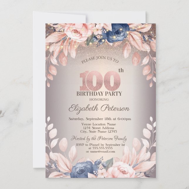 Invitación Luces de Cadenas Florales de Lujo, Cumpleaños 100 (Anverso)
