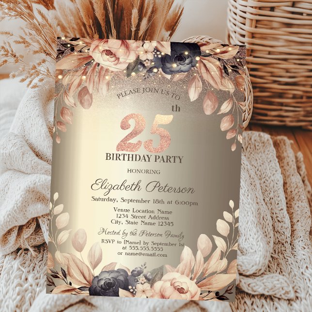 Invitación Luces de Cadenas Florales Elegantes Cumpleaños 25 (Subido por el creador)