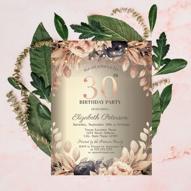 Invitación Luces de Cadenas Florales Elegantes Cumpleaños 30 (Subido por el creador)