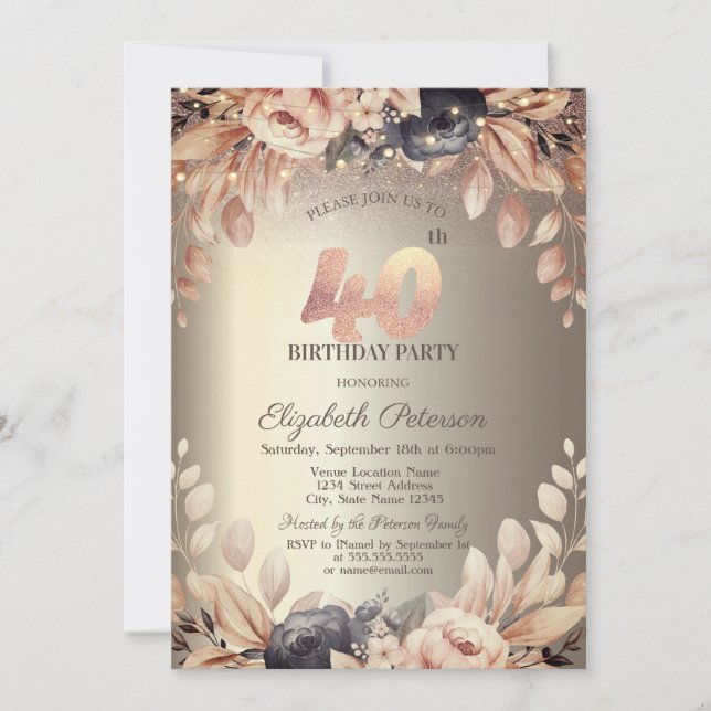 Invitación Luces de Cadenas Florales Elegantes Cumpleaños 40 (Anverso)