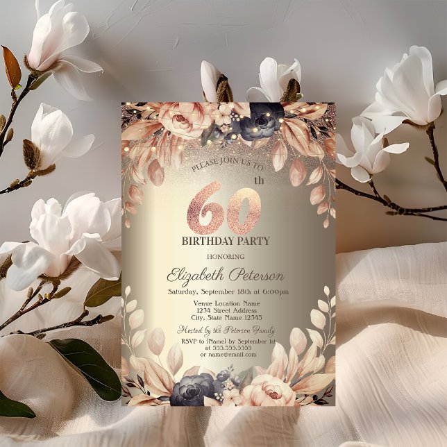 Invitación Luces de Cadenas Florales Elegantes Cumpleaños 60 (Subido por el creador)