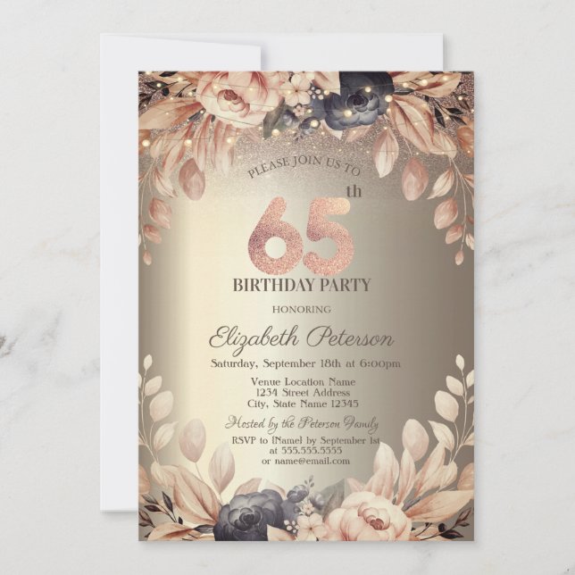 Invitación Luces de Cadenas Florales Elegantes Cumpleaños 65 (Anverso)