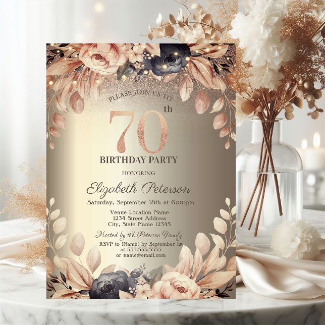 Invitación Luces de Cadenas Florales Elegantes Cumpleaños 70 (Subido por el creador)