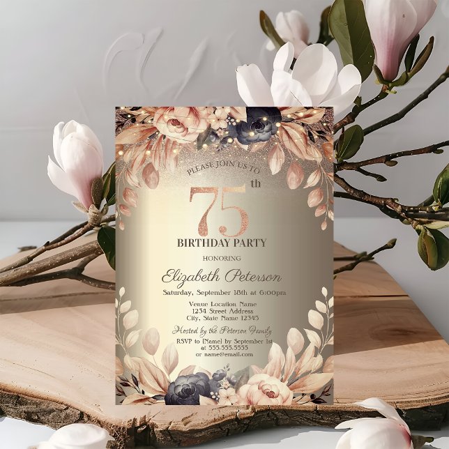 Invitación Luces de Cadenas Florales Elegantes Cumpleaños 75 (Subido por el creador)