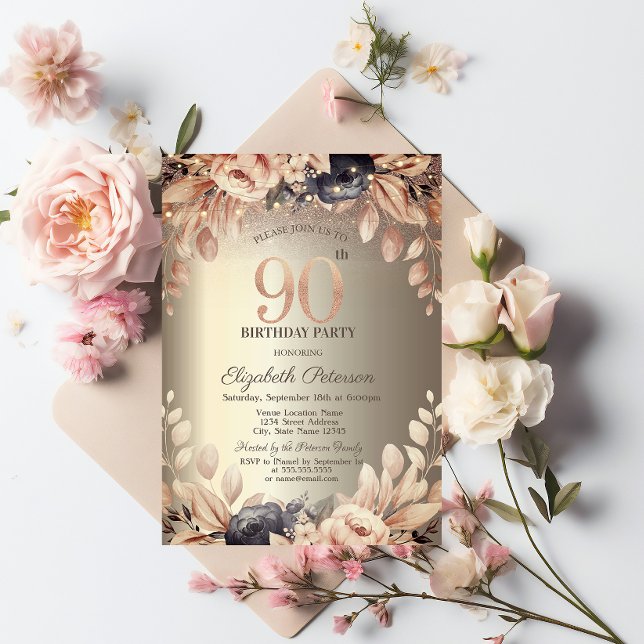 Invitación Luces de Cadenas Florales Elegantes Cumpleaños 90 (Subido por el creador)