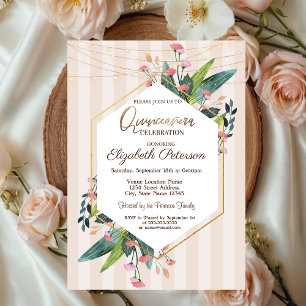 Invitación Luces de Cadenas Florales Rayas de Madera Quinceañ