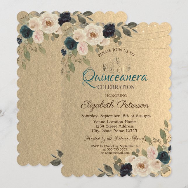 Invitación Luces de Cadenas Flores Kraft Quinceañera  (Anverso / Reverso)