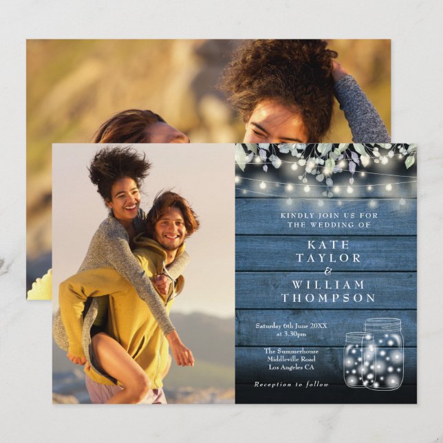 Invitación Luces de Cadenas Focos en Tarros Rústicos con Verd (Anverso / Reverso)