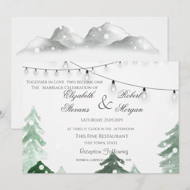 Invitación Luces de Cadenas para Bodas en Bosque de Madera (Anverso / Reverso)