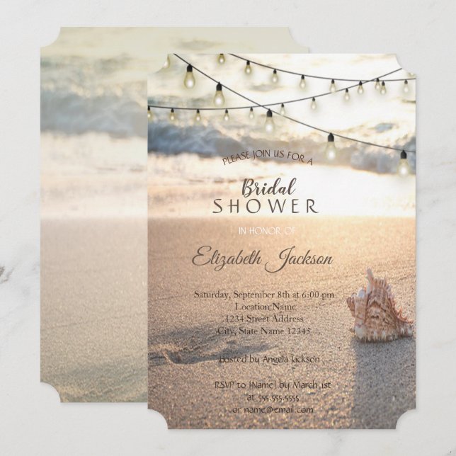 Invitación Luces de Cadenas para Bodas en la Playa Ducha de N (Anverso / Reverso)