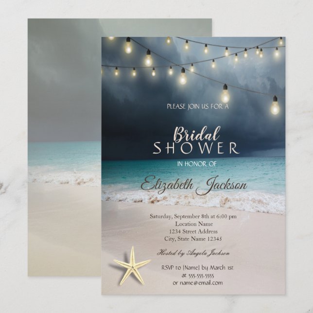 Invitación Luces de Cadenas para Bodas en la Playa Fiesta de  (Anverso / Reverso)