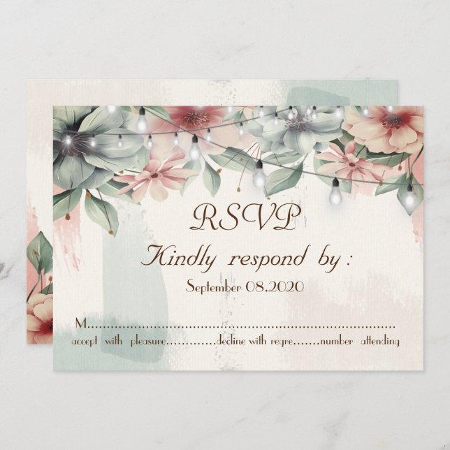 Invitación Luces de Cadenas, Pincelada, RSVP Floral (Anverso / Reverso)