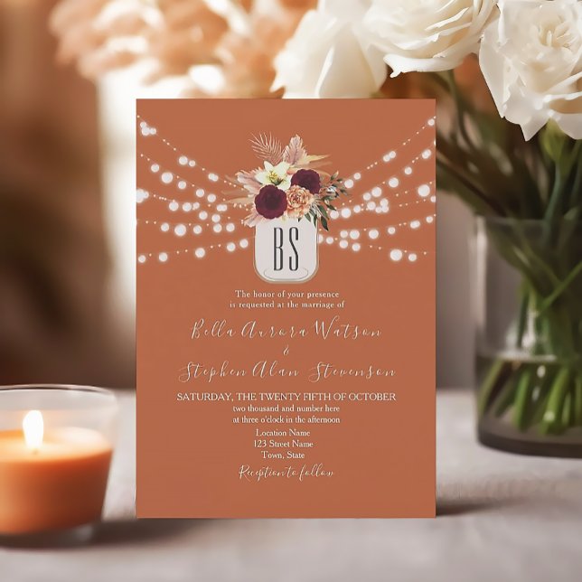 Invitación Luces de Cadenas Rústicas Naranja Quemada Boda (Subido por el creador)