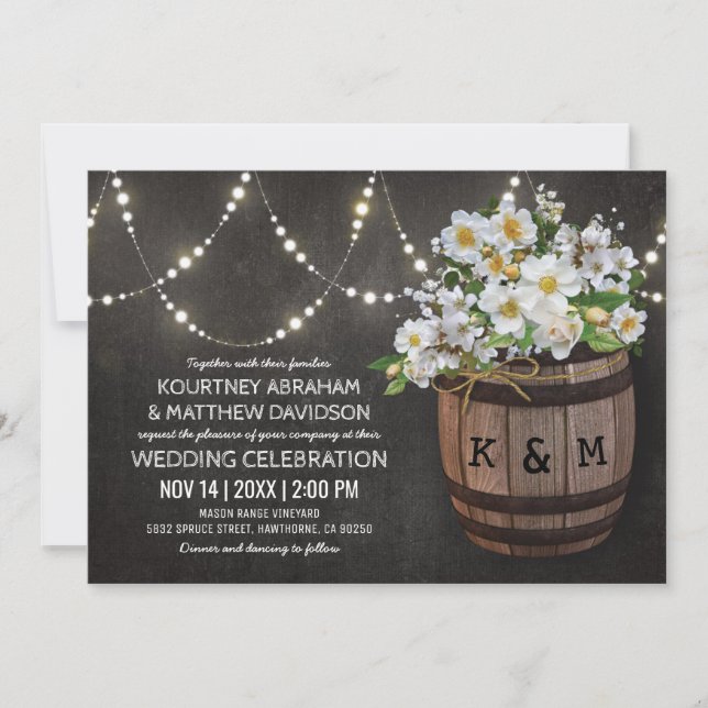 Invitación Luces de Cadenas Rustico Viñedo Blanco Floral Boda (Anverso)