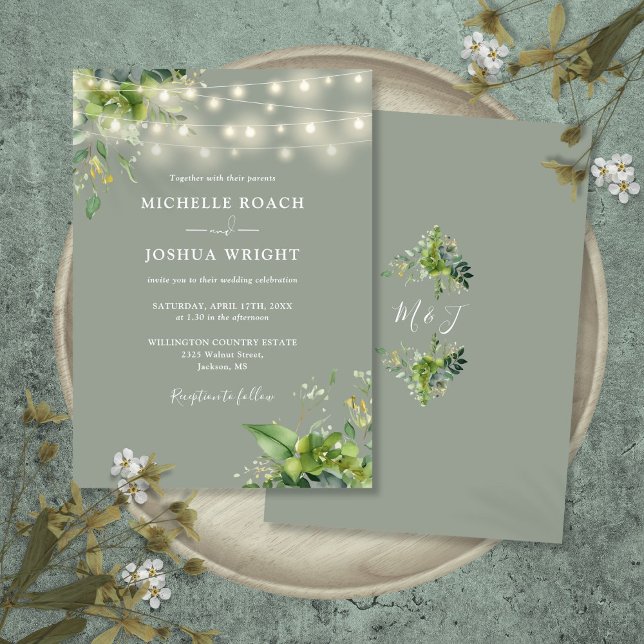 Invitación Luces de Cadenas Verde Monograma Verde Salvia Boda (String Lights Greenery Monogram Sage Green Wedding Invitation)