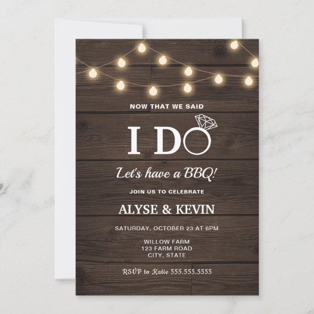 Invitación Luces de Cadenas y Madera de Granero YO HAGO BBQ (Anverso)