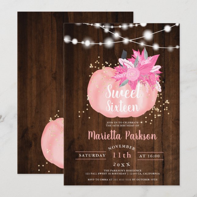 Invitación Luces de calabaza floral de oro rústico otoño Swee (Anverso / Reverso)