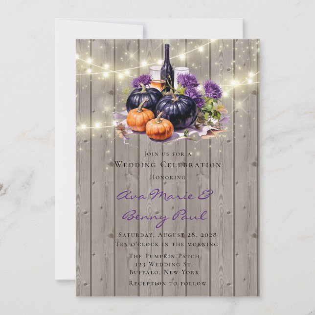 Invitación Luces de calabaza púrpura de madera Boda de vidrio (Anverso)
