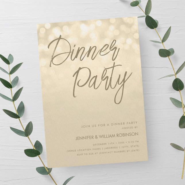 Invitación Luces de Champagne Dorado Script Fiesta de Cena  (Gold Champagne Lights Script Dinner Party Invitation)