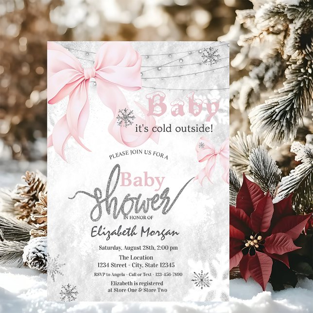 Invitación Luces de Cinta de Copos de Nieve con Lazo Rosa par (Subido por el creador)