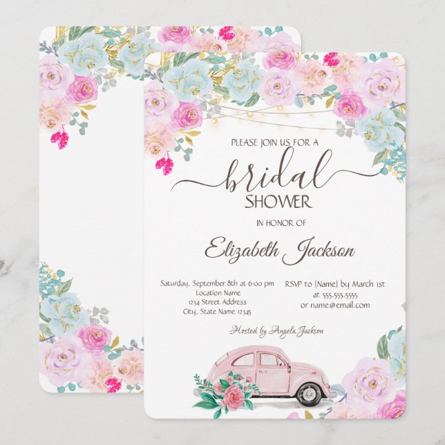 Invitación Luces de Coche Rosadas Rosas Chic Fiesta de Desped (Anverso / Reverso)