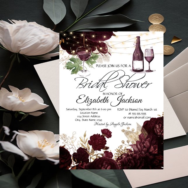 Invitación Luces de Copa de Vino Flores Borgoña Despedida de  (Subido por el creador)