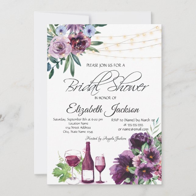 Invitación Luces de Copa de Vino Flores Violeta Despedida de  (Anverso)