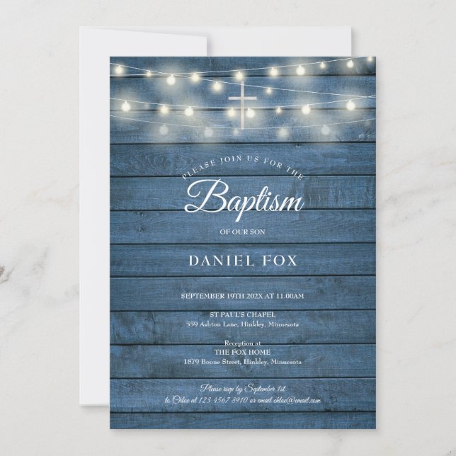 Invitación Luces de Cuerda Azul Madera Bautizo Bautismo (Anverso)