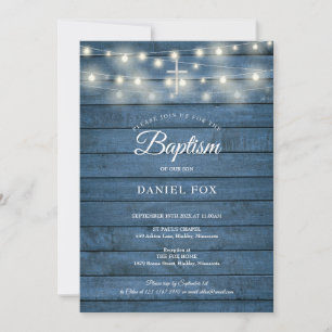 Invitación Luces de Cuerda Azul Madera Bautizo Bautismo