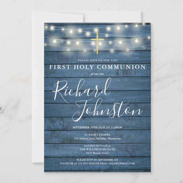Invitación Luces de Cuerda Azul Madera Primera Comunión (Anverso)