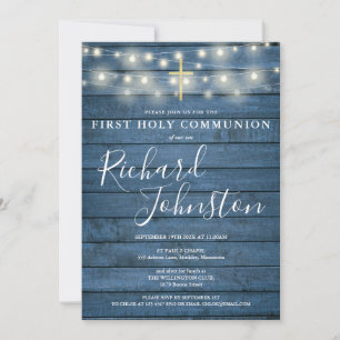Invitación Luces de Cuerda Azul Madera Primera Comunión