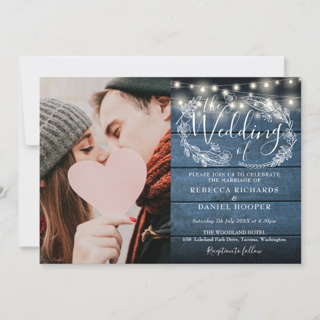 Invitación Luces de Cuerda Azul Madera Rústica Foto Boda (Anverso)