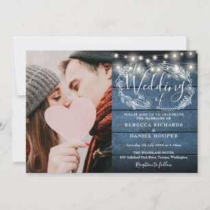 Invitación Luces de Cuerda Azul Madera Rústica Foto Boda