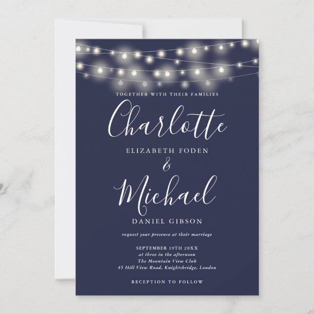 Invitación Luces de Cuerda Azul Marino Elegante Boda Script  (Anverso)