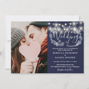 Invitación Luces de Cuerda Azul Marino Floral Foto Boda