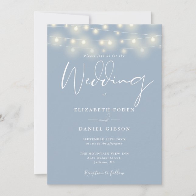 Invitación Luces de Cuerda Azul Polvoriento Código QR Boda (Anverso)