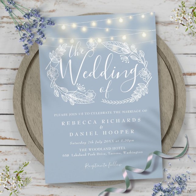 Invitación Luces de Cuerda Azul Polvoriento Script Boda (Dusty Blue String Lights Script Wedding Invitation)