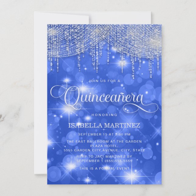 Invitación Luces de Cuerda Azul Real Brillan Quinceañera (Anverso)