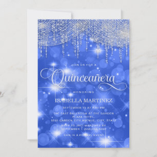 Invitación Luces de Cuerda Azul Real Brillan Quinceañera