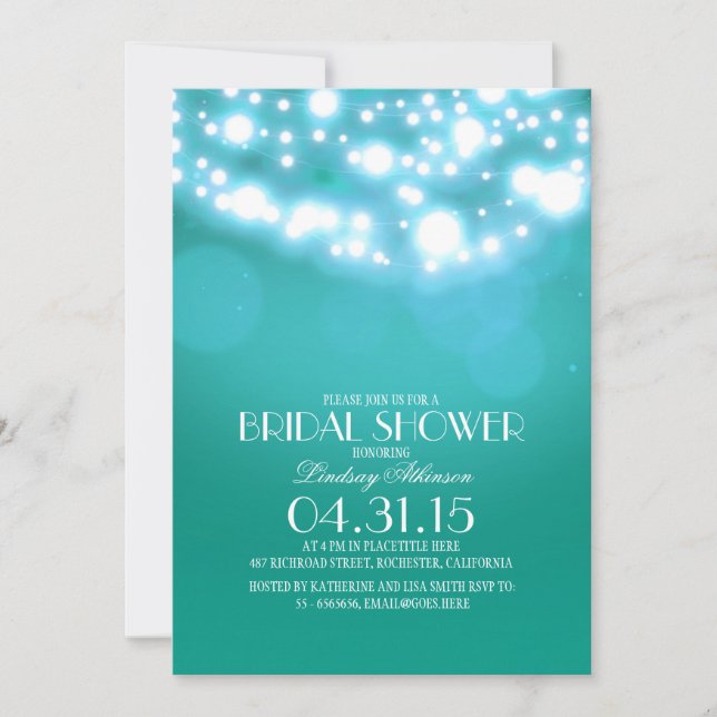 Invitación Luces de cuerda azul verde azuladas ducha de novia (Anverso)