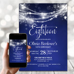 Invitación Luces de Cuerda Azules Fiesta de Cumpleaños 18<br><div class="desc">Eleva la celebración del cumpleaños de tu invitado de honor con esta invitación de cumpleaños número 18 azul. Moderno y elegante, establece el tono perfecto para una noche inolvidable. Personalizar las invitaciones es muy fácil, solo tienes que rellenar los detalles esenciales utilizando las plantillas de texto proporcionadas. Puedes elegir entre...</div>
